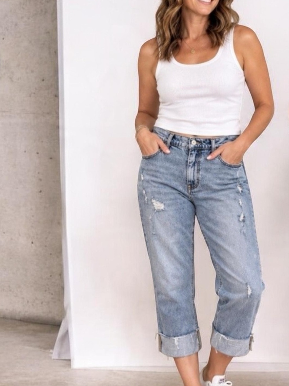 Free Assembly Relaxed Light Blue Boyfriend Jeans with Cuffed Hem